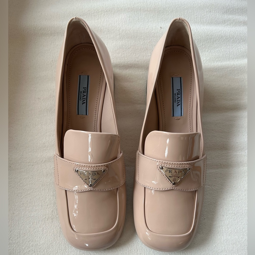 Prada Patent Leather Logo Loafers Beige